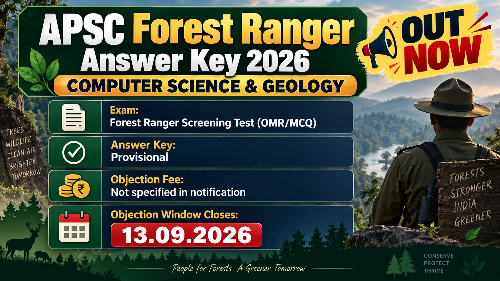 APSC Forest Ranger Answer Key 2026 out for Computer Science and Geology - provisional key, objection fee not specified, objection window closes 13.09.2026