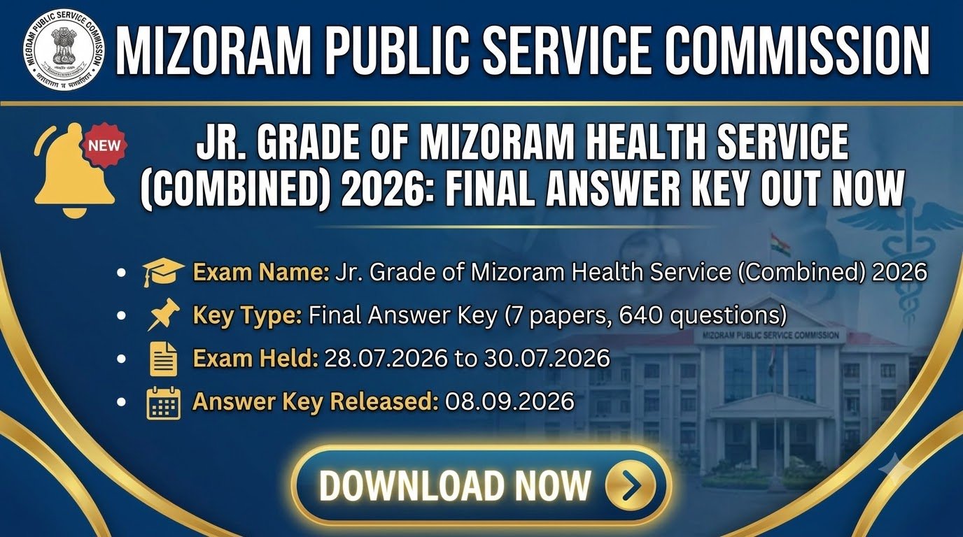 Mizoram PSC Jr. Grade of Mizoram Health Service Combined 2026 final answer key out now, 7 papers and 640 questions, released 08.09.2026
