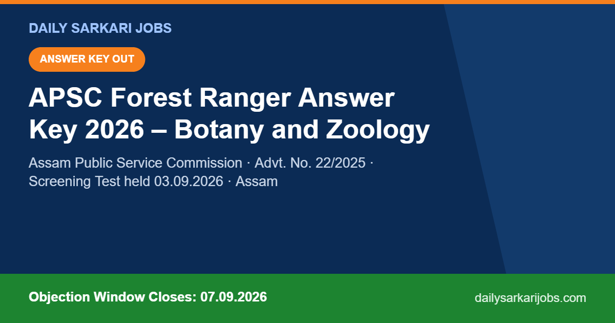 APSC Forest Ranger Answer Key 2026 for Botany and Zoology, Advt. No. 22/2025, objection window closes 07.09.2026