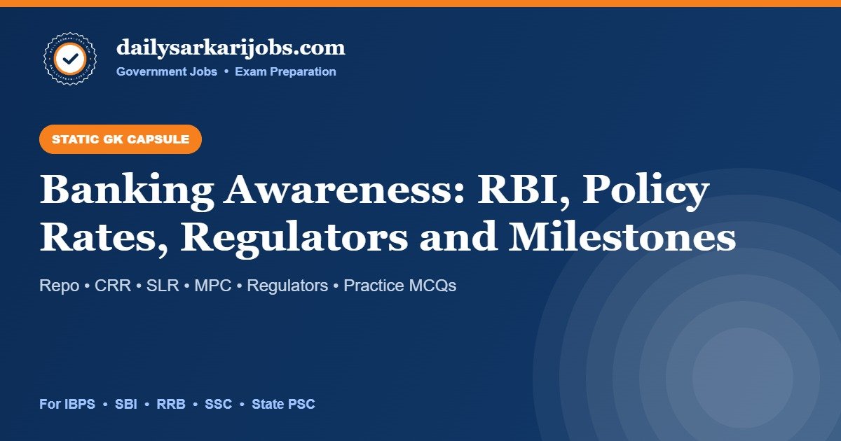 Banking awareness Static GK capsule banner for dailysarkarijobs.com covering RBI policy rates, regulators and milestones