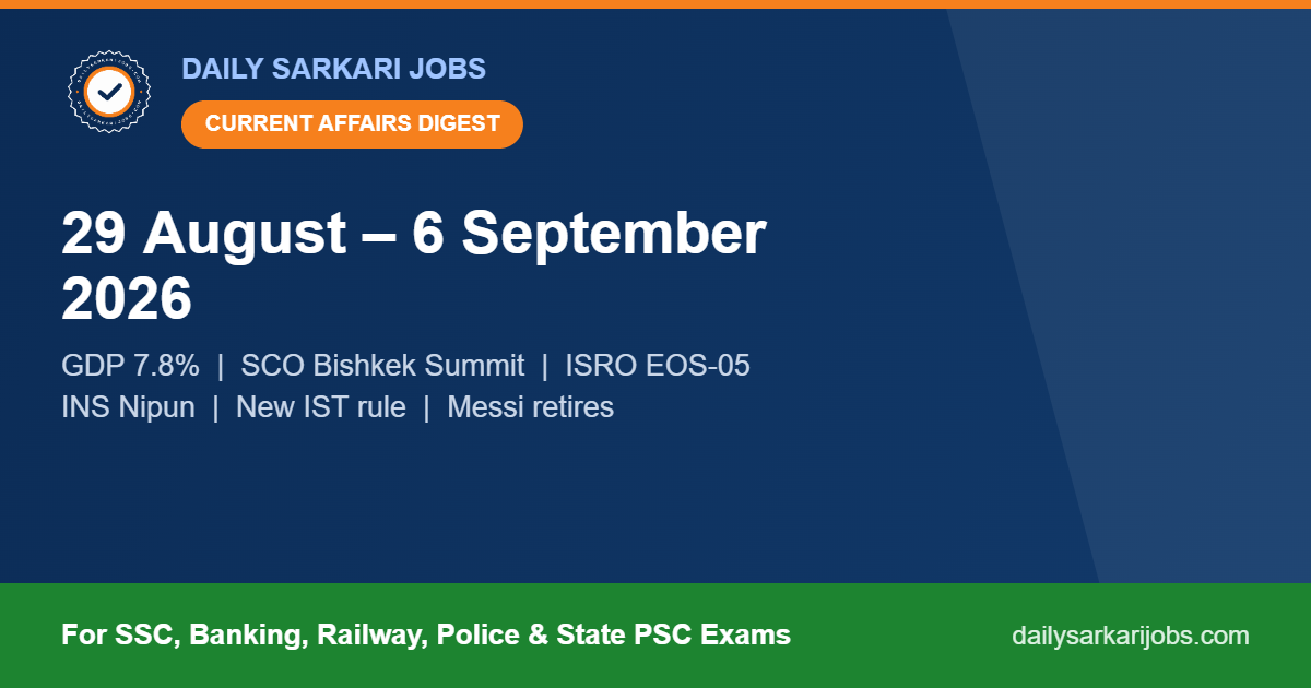 Weekly current affairs digest banner for 29 August to 6 September 2026 covering GDP 7.8 percent, SCO Bishkek summit, ISRO EOS-05, INS Nipun, new IST rule and Messi retirement