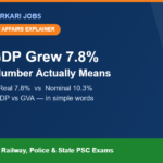 Current affairs explainer banner: India GDP grew 7.8 percent in Q1 FY 2026-27, real 7.8 percent versus nominal 10.3 percent