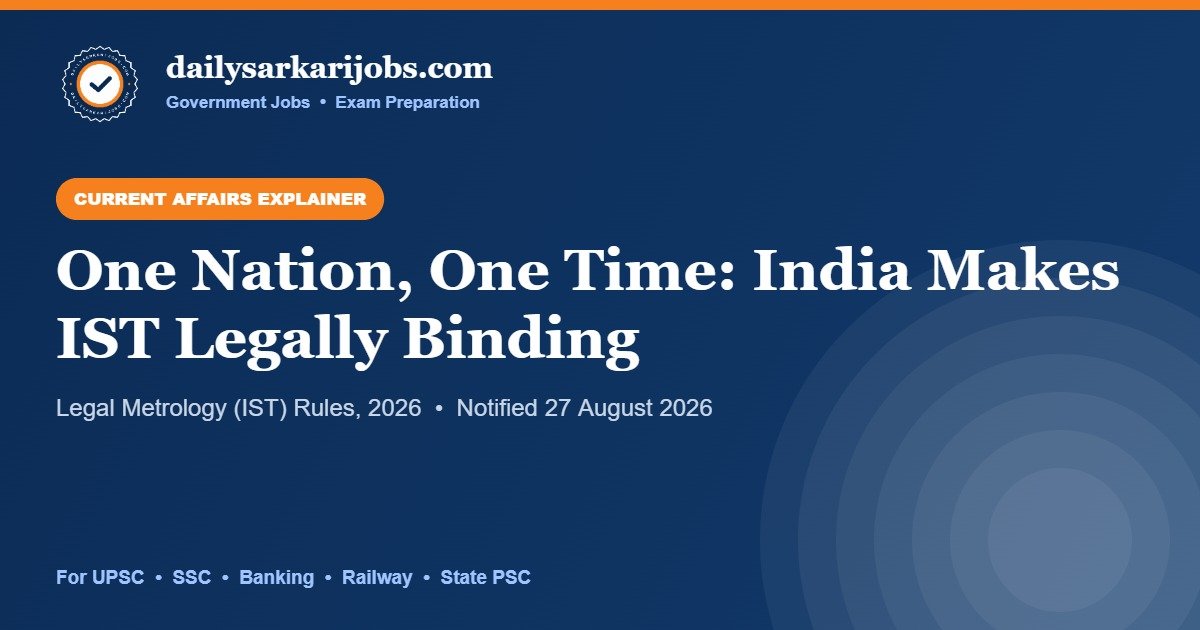 Banner for dailysarkarijobs.com explainer on the Legal Metrology Indian Standard Time Rules 2026, One Nation One Time