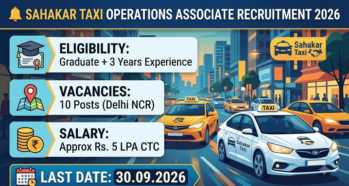 Sahakar Taxi Operations Associate Recruitment 2026 - 10 posts in Delhi NCR, graduate with 3 years experience, approx Rs 5 LPA CTC, last date 30 September 2026