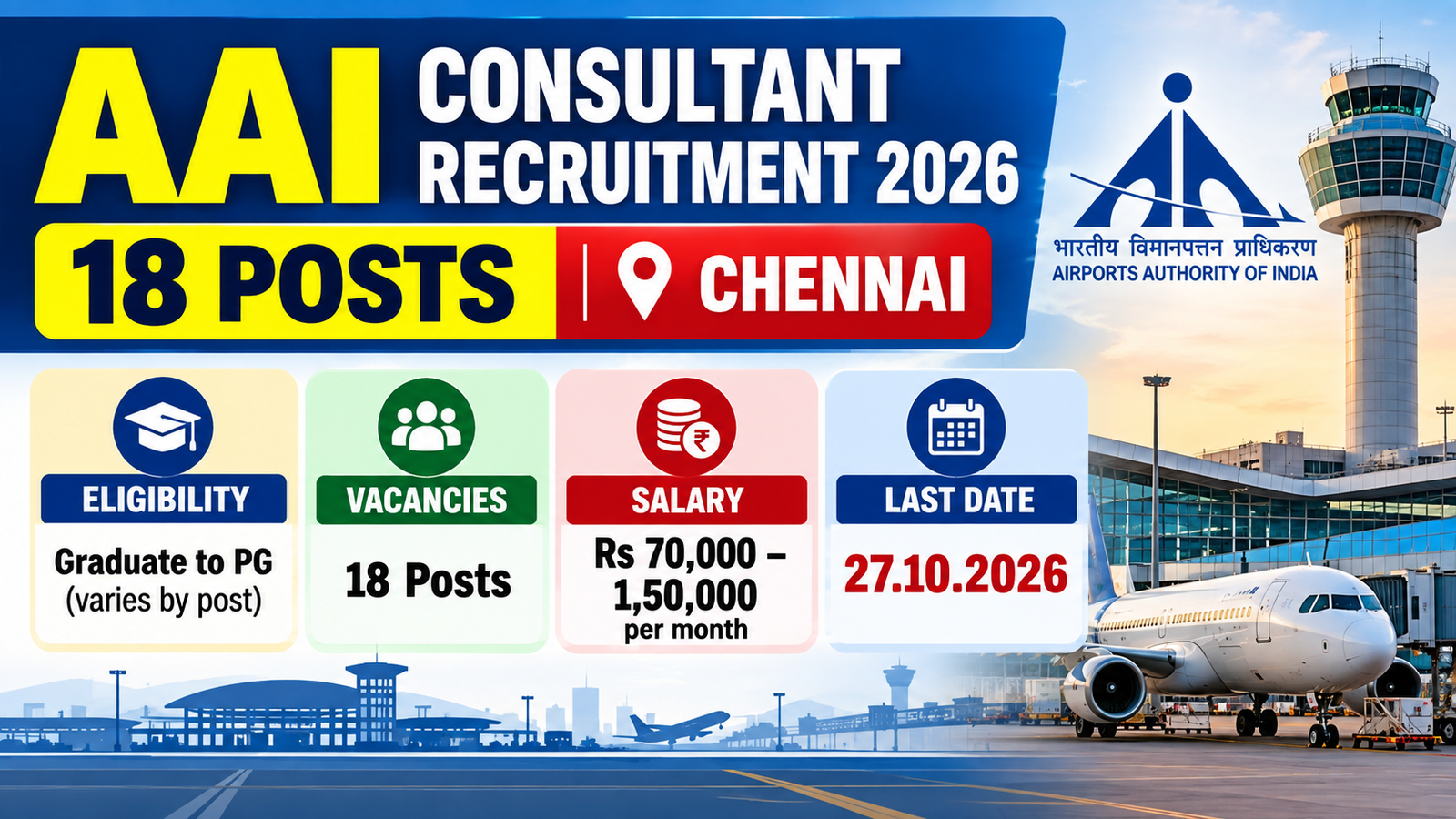 AAI Consultant Recruitment 2026 banner: 18 posts in Chennai, apply online till 27.10.2026