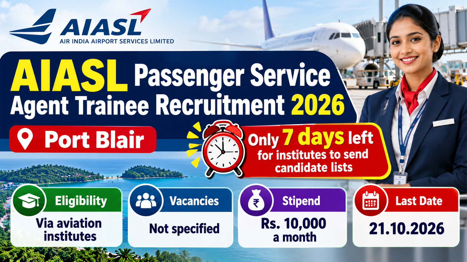 AIASL Passenger Service Agent Trainee Recruitment 2026 at Port Blair airport – last date 21.10.2026