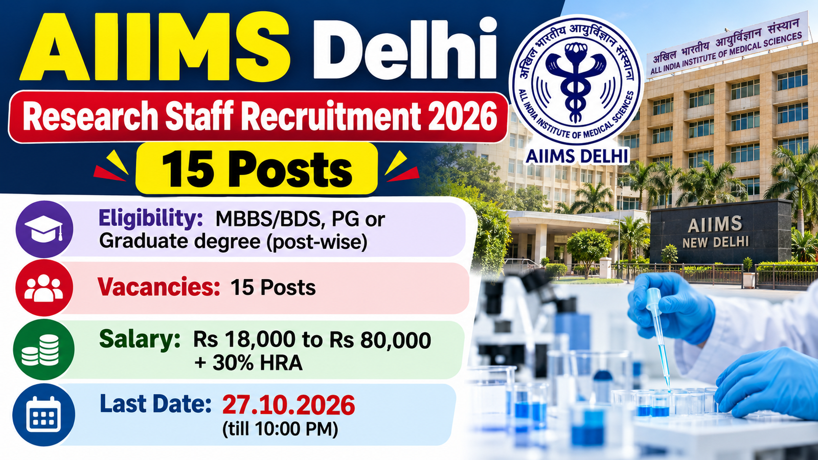 AIIMS Delhi Research Staff Recruitment 2026 banner showing 15 posts, salary and last date 27.10.2026