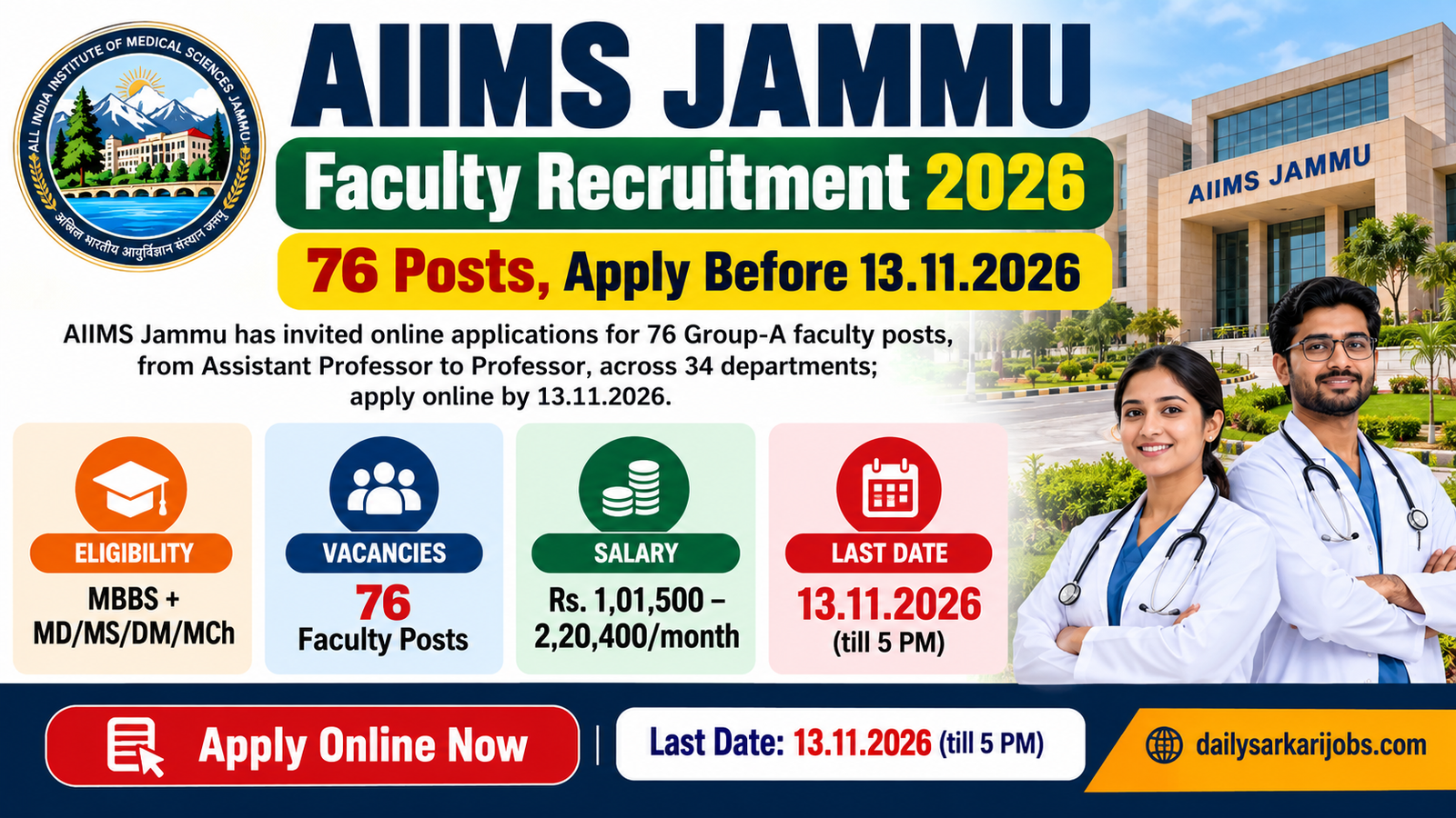 AIIMS Jammu Faculty Recruitment 2026 – 76 posts, apply before 13.11.2026