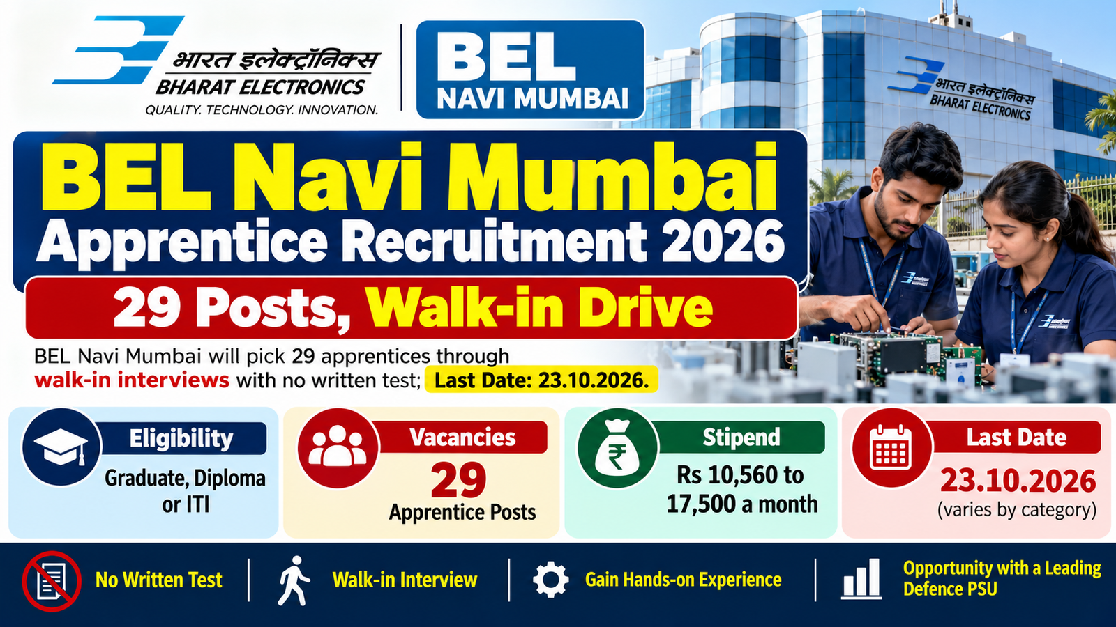 BEL Navi Mumbai Apprentice Recruitment 2026 banner showing 29 posts, walk-in drive and last date 23.10.2026