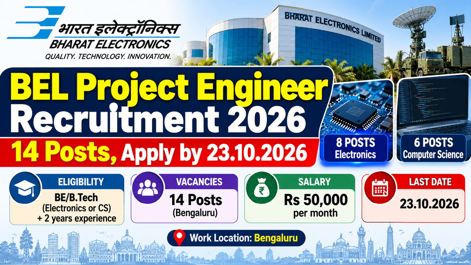BEL Project Engineer Recruitment 2026 poster: 14 posts in Bengaluru, Rs 50,000 per month, last date 23.10.2026