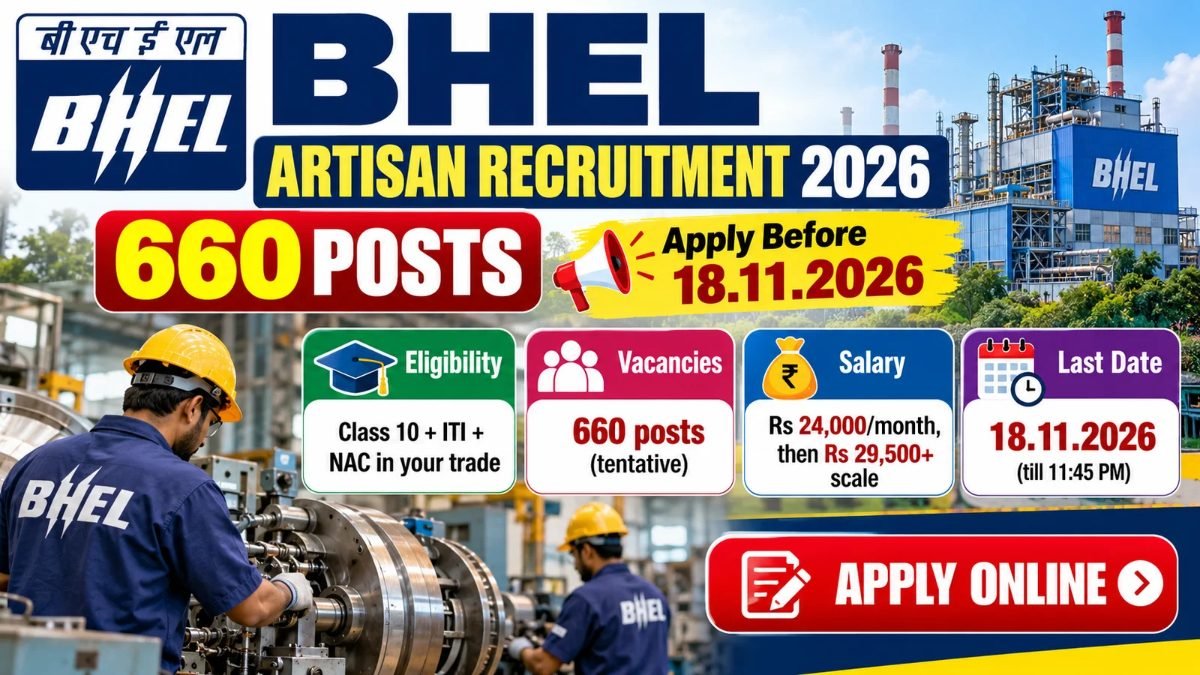 BHEL Artisan Recruitment 2026 banner showing 660 posts, eligibility, salary and last date 18.11.2026