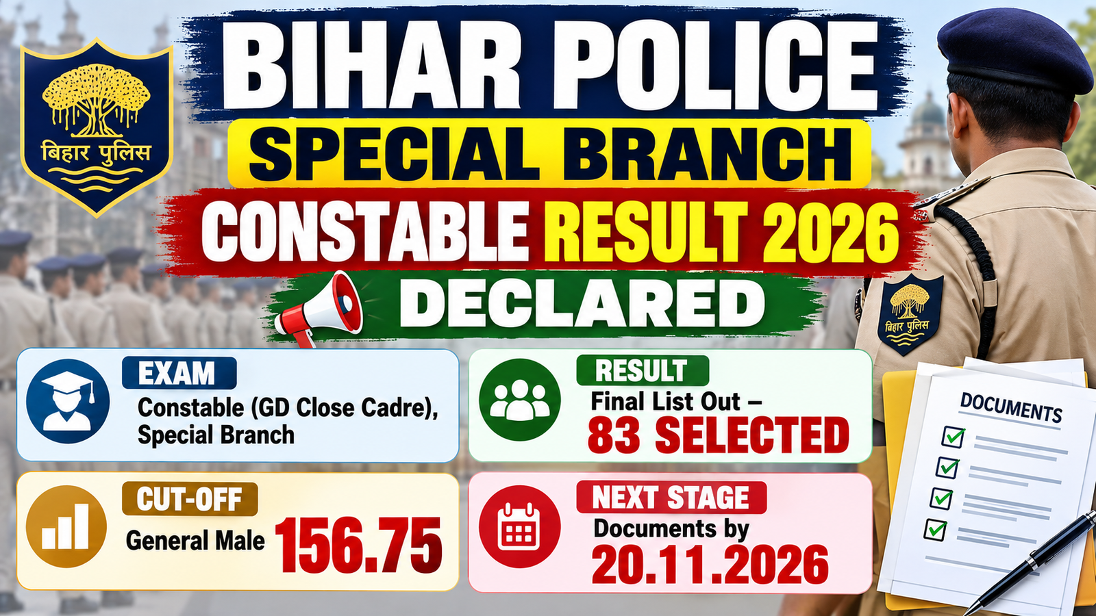 Bihar Police Special Branch Constable Result 2026 declared - 83 selected, cut-off and document deadline 20.11.2026
