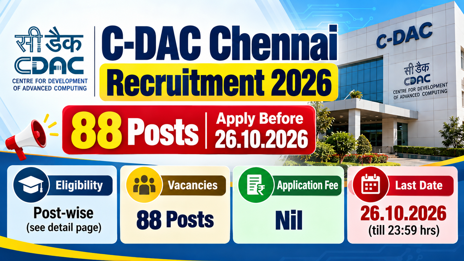 C-DAC Chennai Recruitment 2026 banner: 88 posts, apply before 26.10.2026