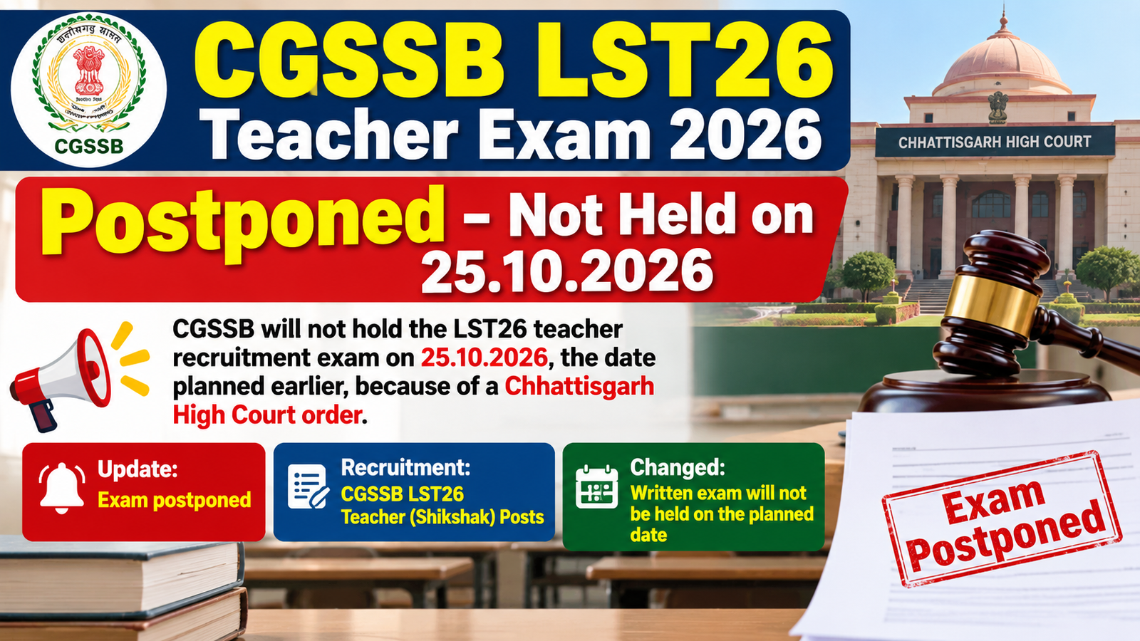 CGSSB LST26 teacher exam 2026 postponed - not held on 25.10.2026 due to Chhattisgarh High Court order