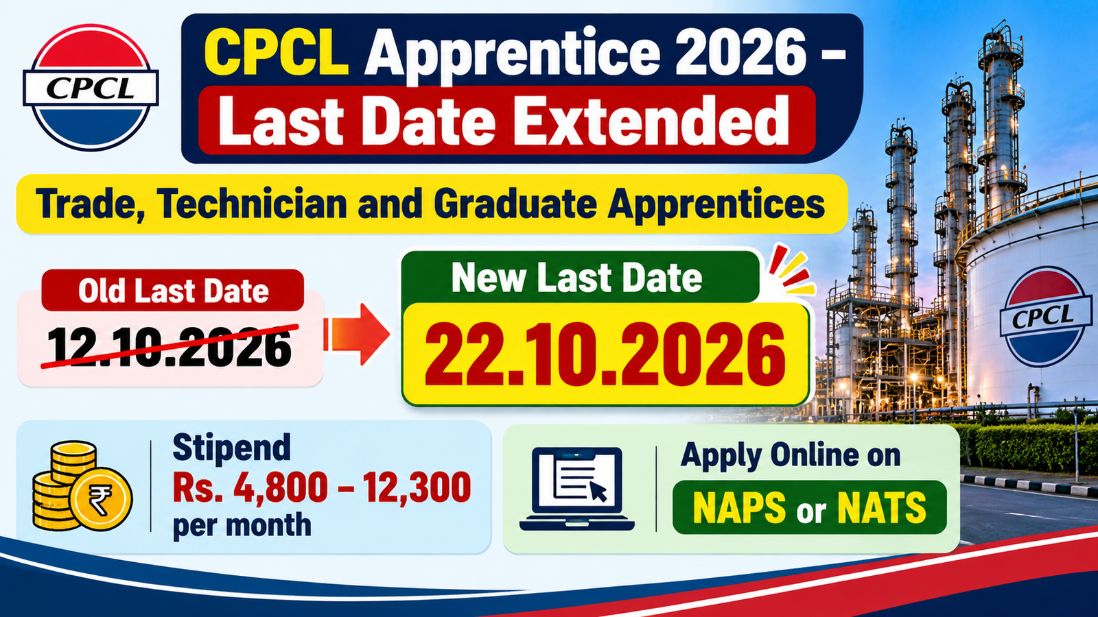 CPCL Apprentice 2026 last date extended from 12.10.2026 to 22.10.2026 - Trade, Technician and Graduate Apprentices, stipend Rs. 4,800 to 12,300, apply online on NAPS or NATS
