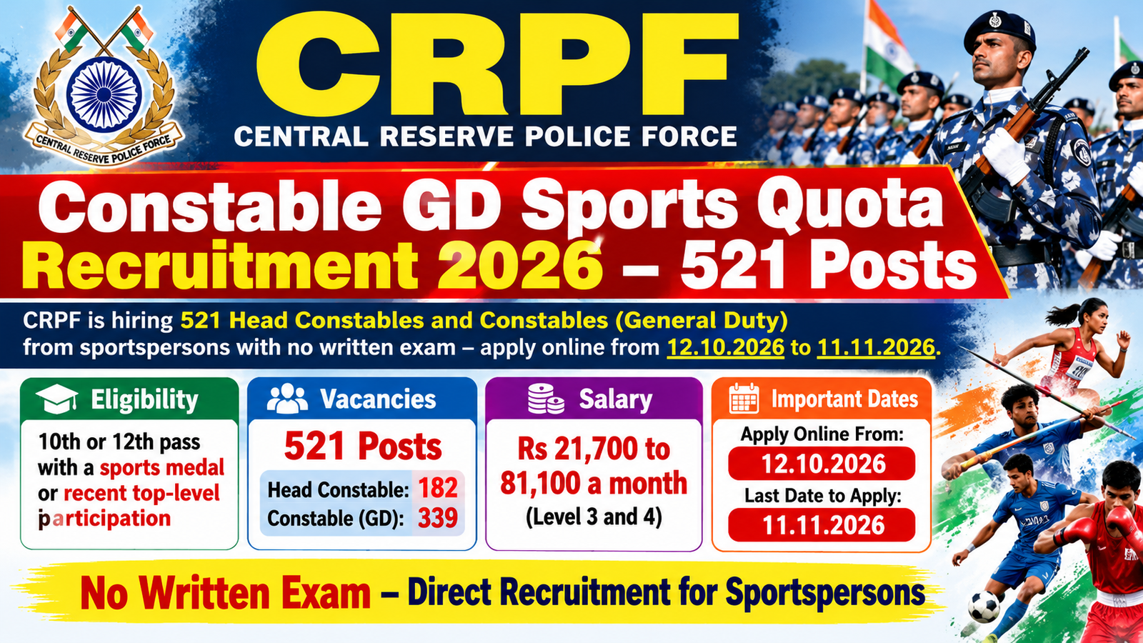 CRPF Constable GD Sports Quota Recruitment 2026 – 521 Posts, apply online till 11.11.2026