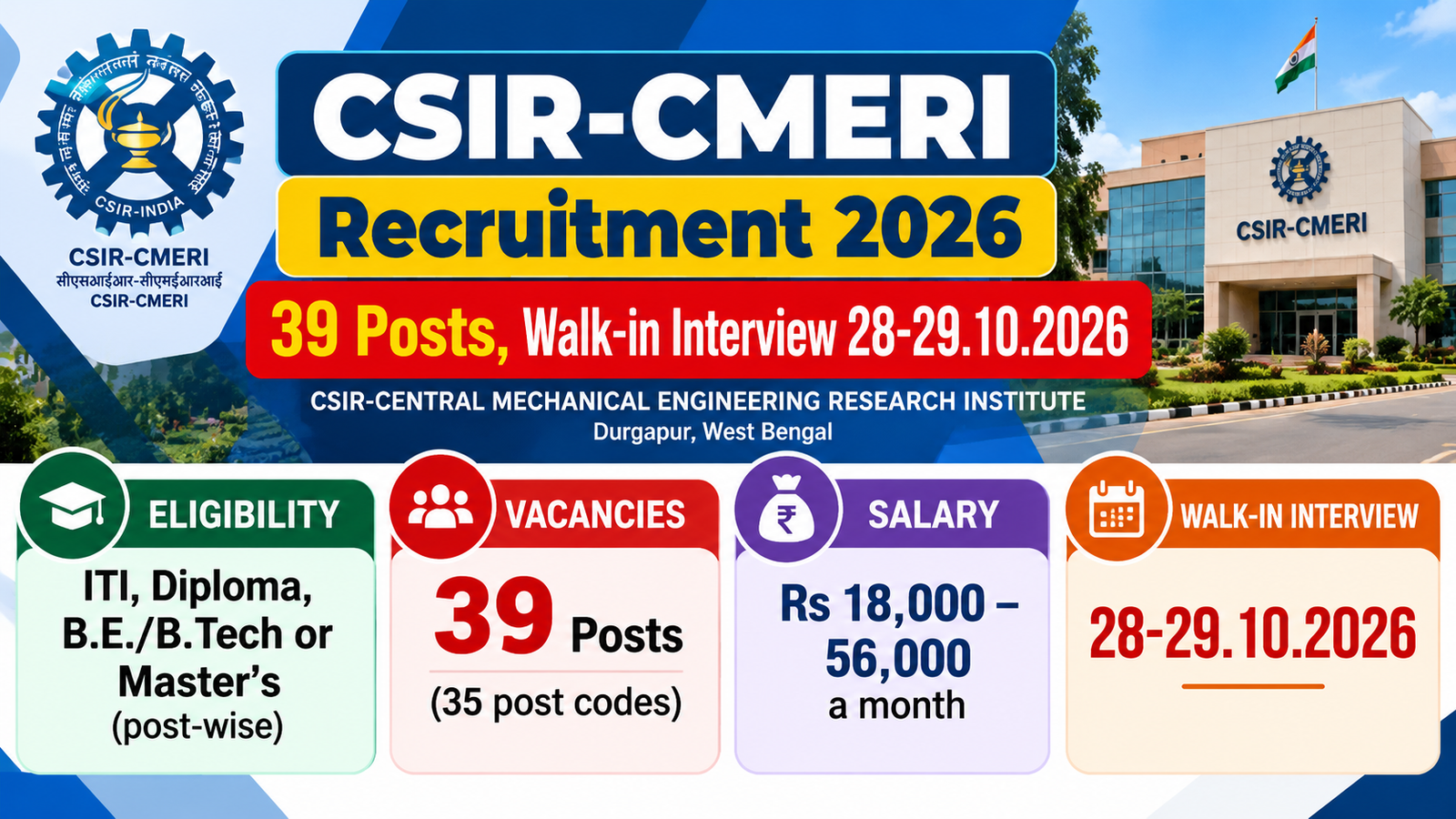 CSIR-CMERI Recruitment 2026 banner: 39 posts, walk-in interview 28-29.10.2026 at Durgapur, West Bengal
