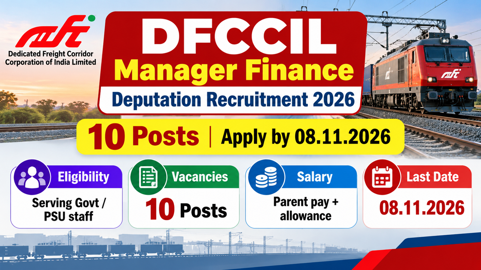DFCCIL Manager Finance deputation recruitment 2026 banner showing 10 posts and last date 08.11.2026