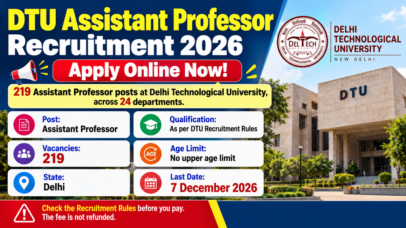 DTU Assistant Professor Recruitment 2026 – 219 posts, apply online till 07.12.2026