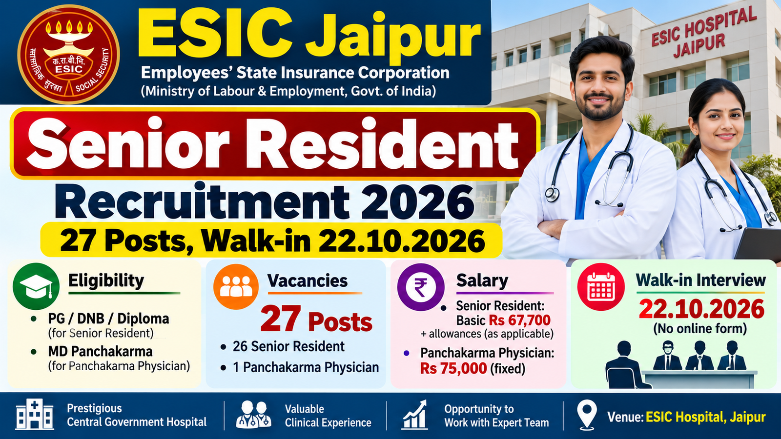 ESIC Jaipur Senior Resident Recruitment 2026 banner: 27 posts, walk-in interview on 22.10.2026