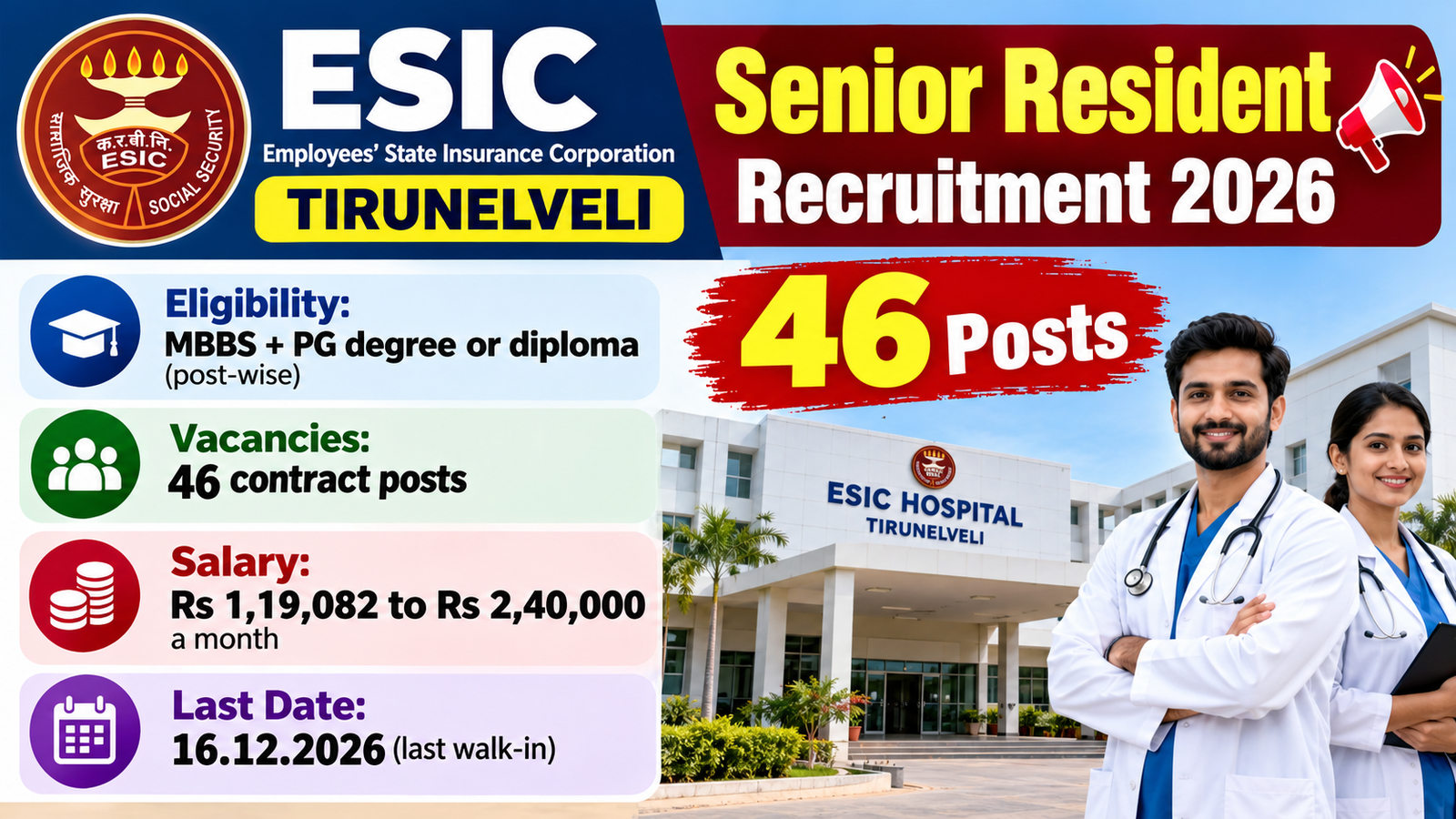 ESIC Tirunelveli Senior Resident Recruitment 2026 banner – 46 posts, walk-in interview