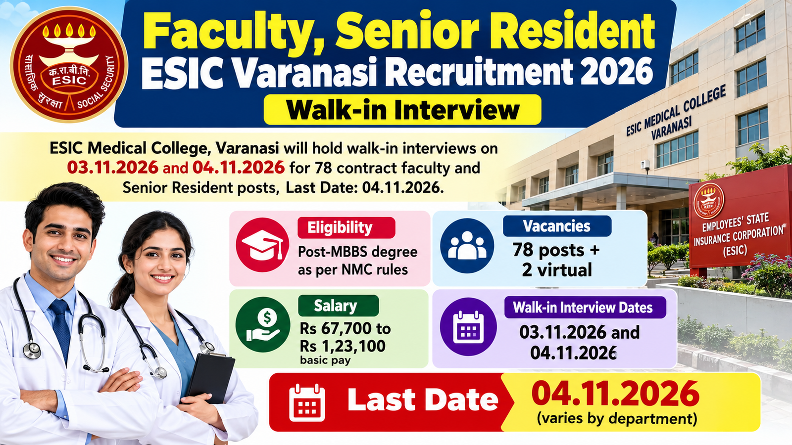 ESIC Varanasi Faculty and Senior Resident Recruitment 2026 walk-in interview poster