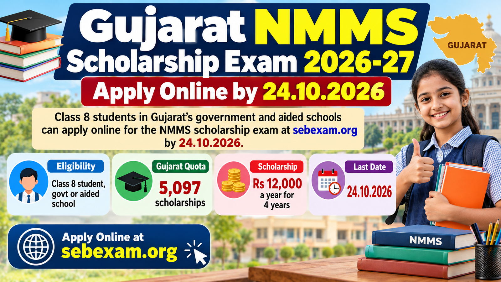 Gujarat NMMS Scholarship Exam 2026-27 apply online by 24.10.2026 banner