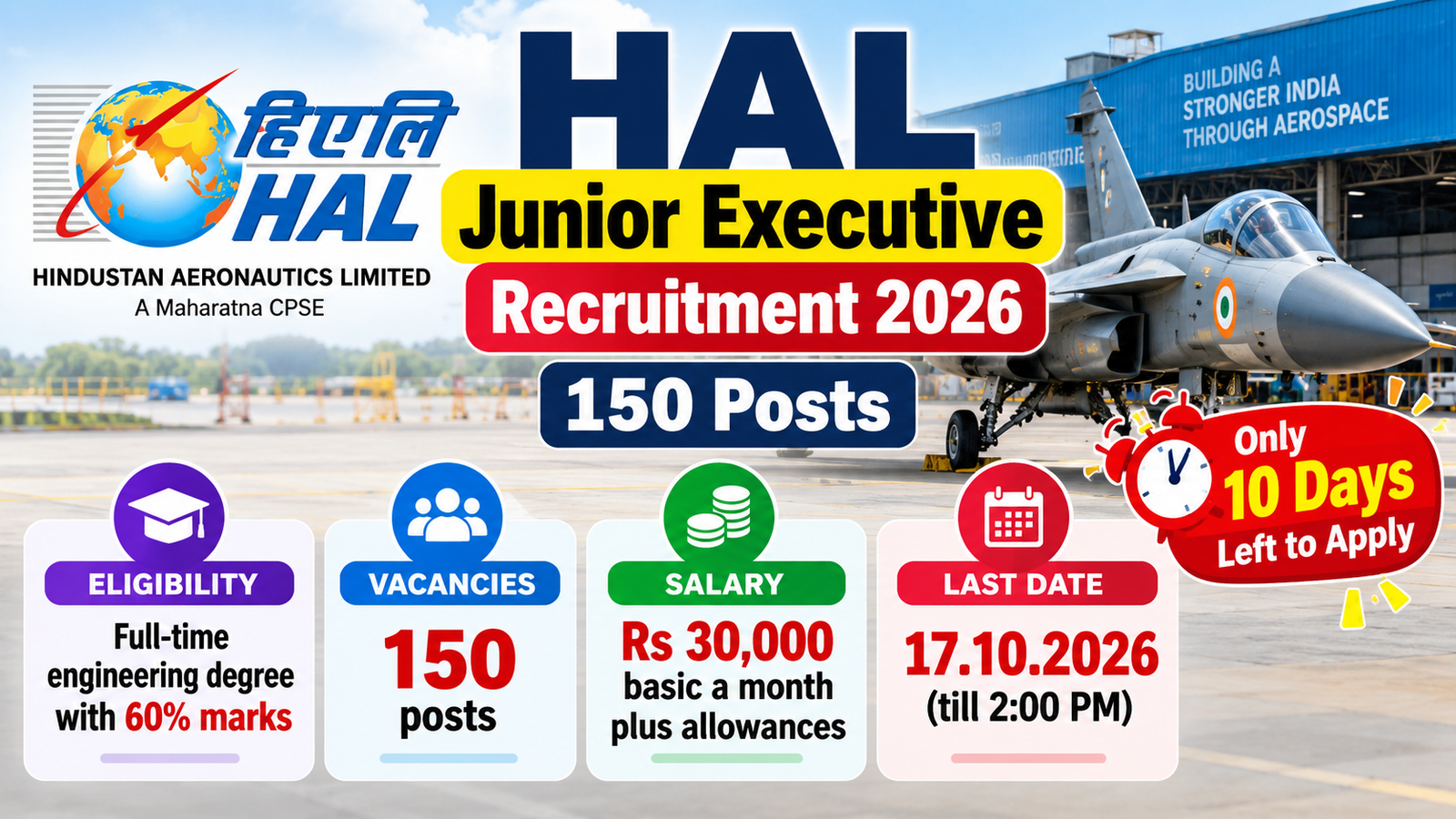 HAL Junior Executive Recruitment 2026 – 150 posts, apply online by 17.10.2026