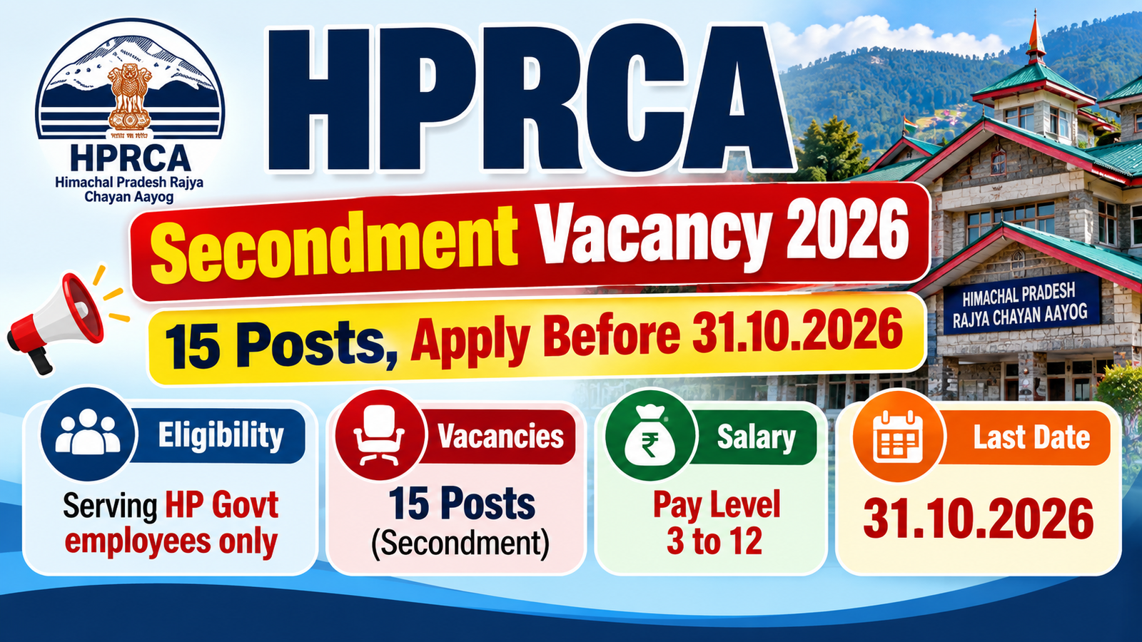 HPRCA Secondment Vacancy 2026: 15 posts for serving HP Govt employees, last date 31.10.2026