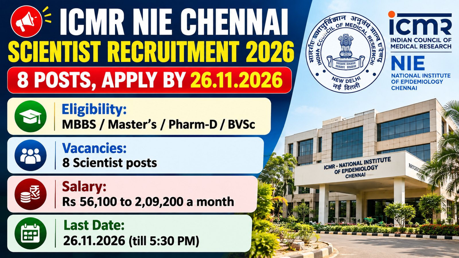 ICMR NIE Chennai Scientist Recruitment 2026 banner showing 8 posts, eligibility, salary and last date 26.11.2026
