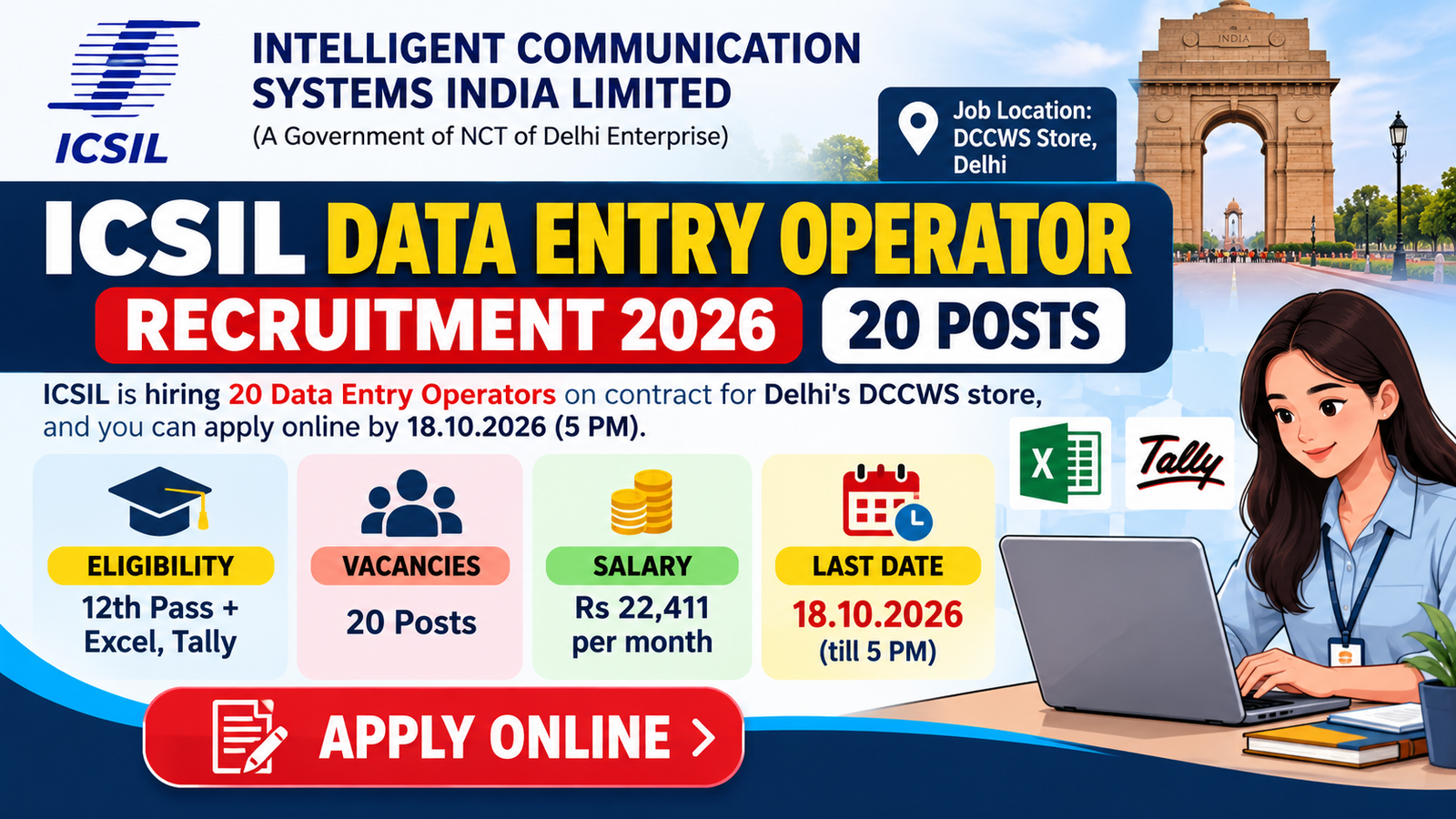 ICSIL Data Entry Operator Recruitment 2026 banner – 20 posts, 12th pass with Excel and Tally, apply by 18.10.2026