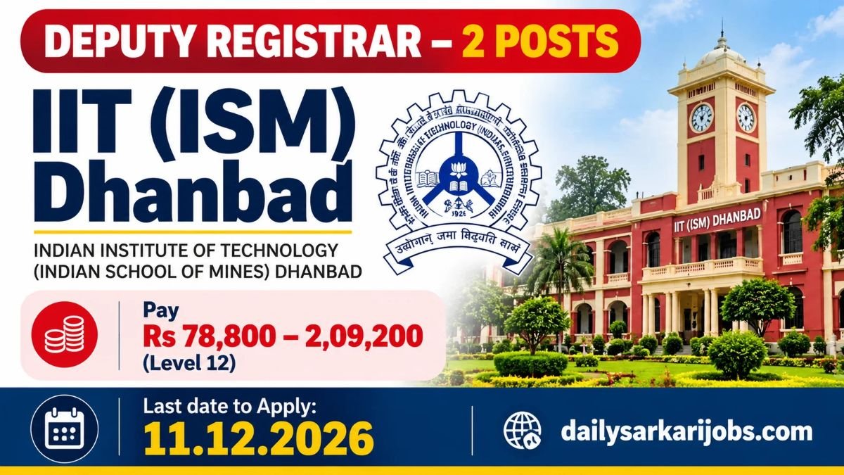 IIT (ISM) Dhanbad Deputy Registrar recruitment 2026 banner: 2 posts, pay Rs 78,800 to 2,09,200, last date 11.12.2026