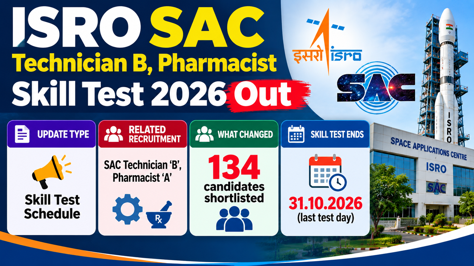 ISRO SAC skill test 2026 schedule for Technician B and Pharmacist A
