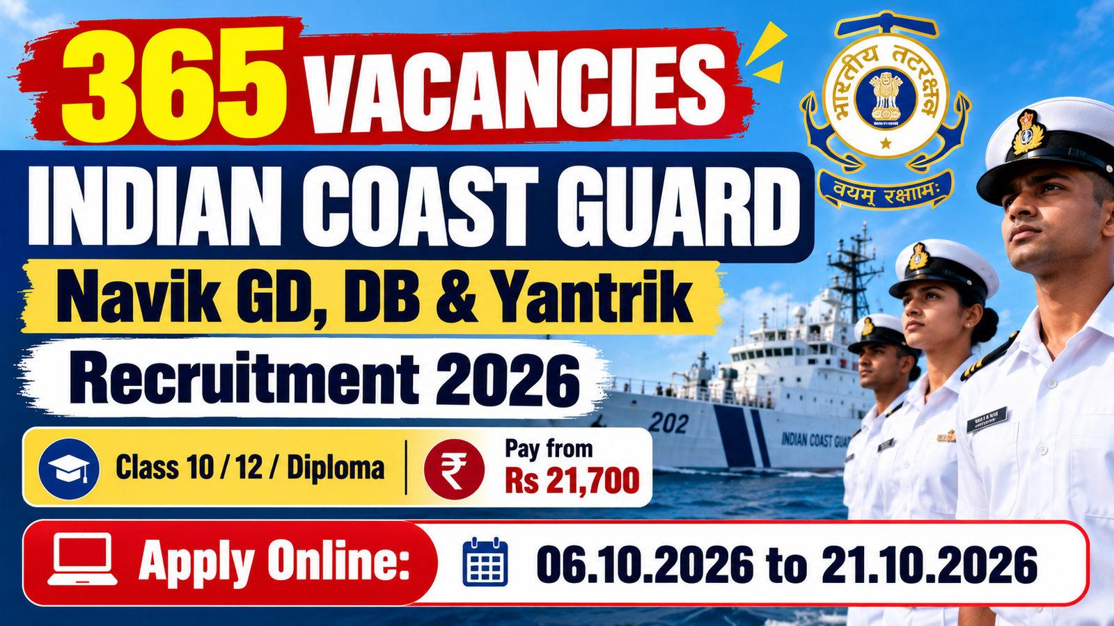 Indian Coast Guard Navik GD, DB and Yantrik Recruitment 2026 poster