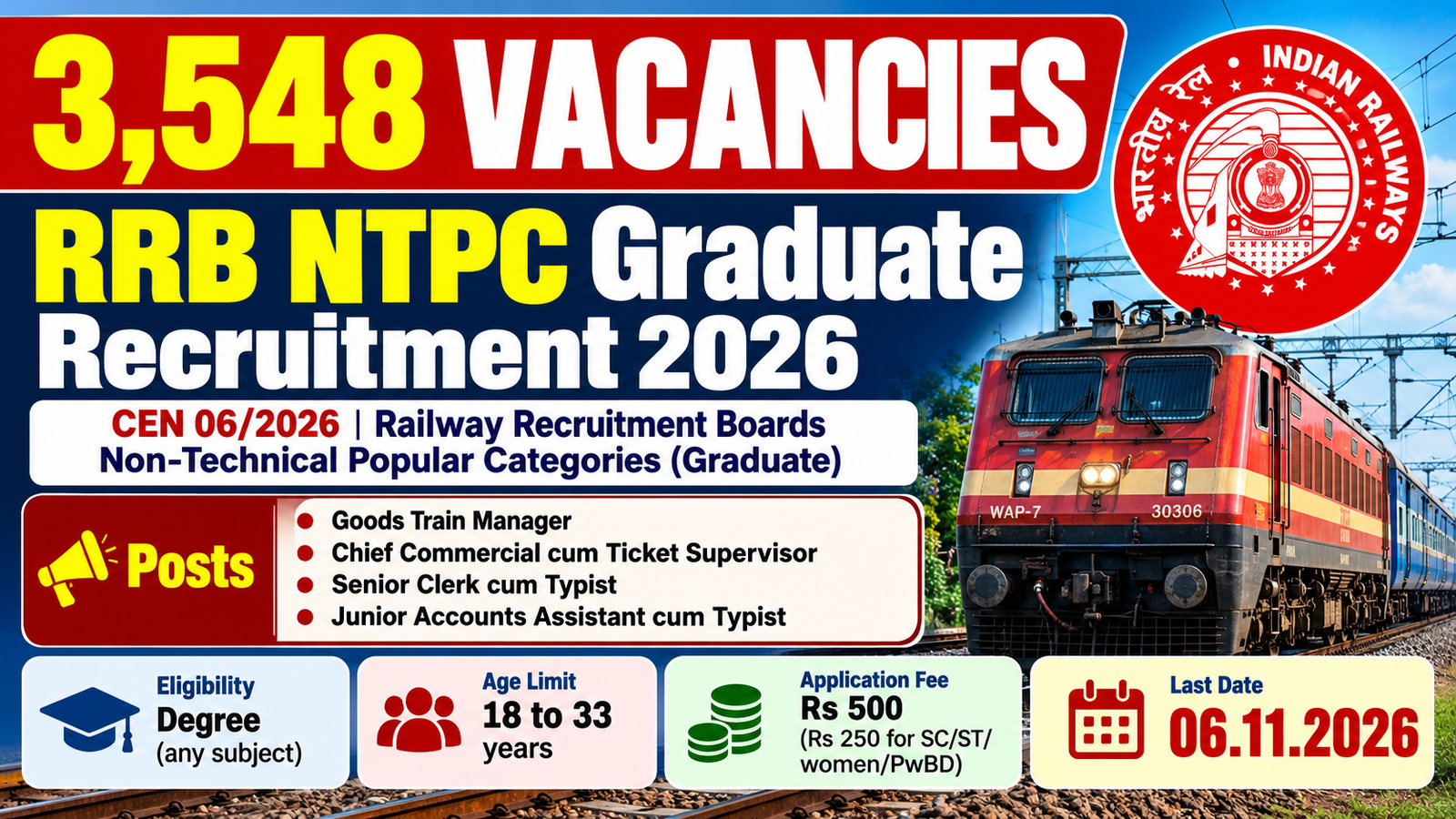 RRB NTPC Graduate Recruitment 2026 banner showing 3,548 vacancies, CEN 06/2026, last date 06.11.2026