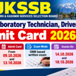 JKSSB Junior Laboratory Technician and Driver admit card 2026 banner showing admit card from 09.10.2026 and 13.10.2026 and exams on 14.10.2026 and 18.10.2026