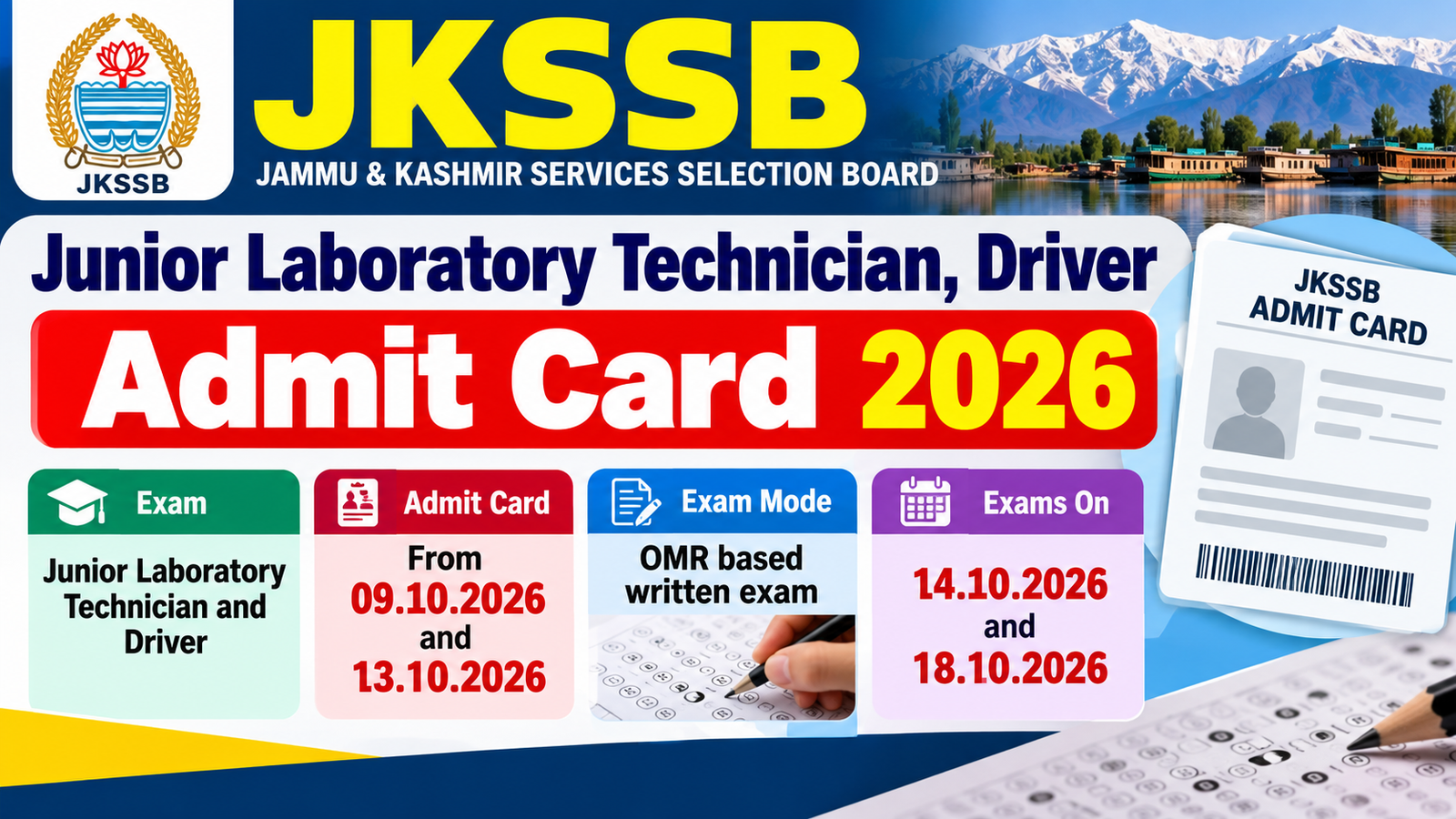 JKSSB Junior Laboratory Technician and Driver admit card 2026 banner showing admit card from 09.10.2026 and 13.10.2026 and exams on 14.10.2026 and 18.10.2026