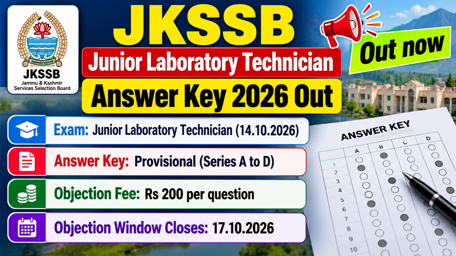JKSSB Junior Laboratory Technician Answer Key 2026 out: provisional key for the 14.10.2026 exam, objection fee Rs 200 per question, window closes 17.10.2026