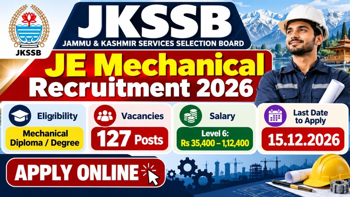 JKSSB JE Mechanical Recruitment 2026 banner showing 127 posts and last date 15.12.2026