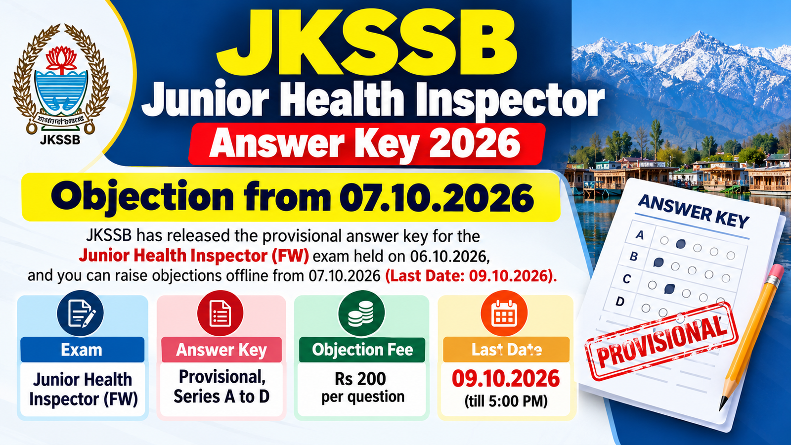 JKSSB Junior Health Inspector provisional answer key 2026 banner showing objection from 07.10.2026 and Rs 200 fee per question