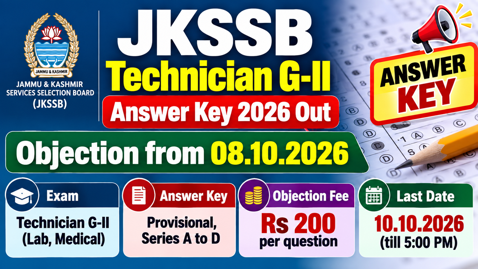 JKSSB Technician G-II answer key 2026 banner showing objection from 08.10.2026, Rs 200 fee per question and last date 10.10.2026