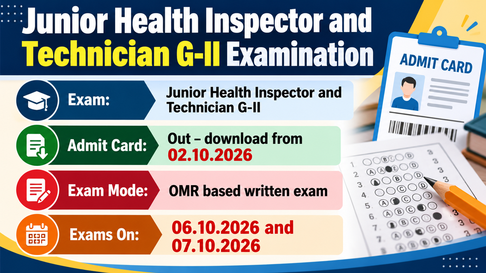 JKSSB Junior Health Inspector and Technician G-II admit card 2026 poster showing admit card download from 02.10.2026 and exam dates 06.10.2026 and 07.10.2026