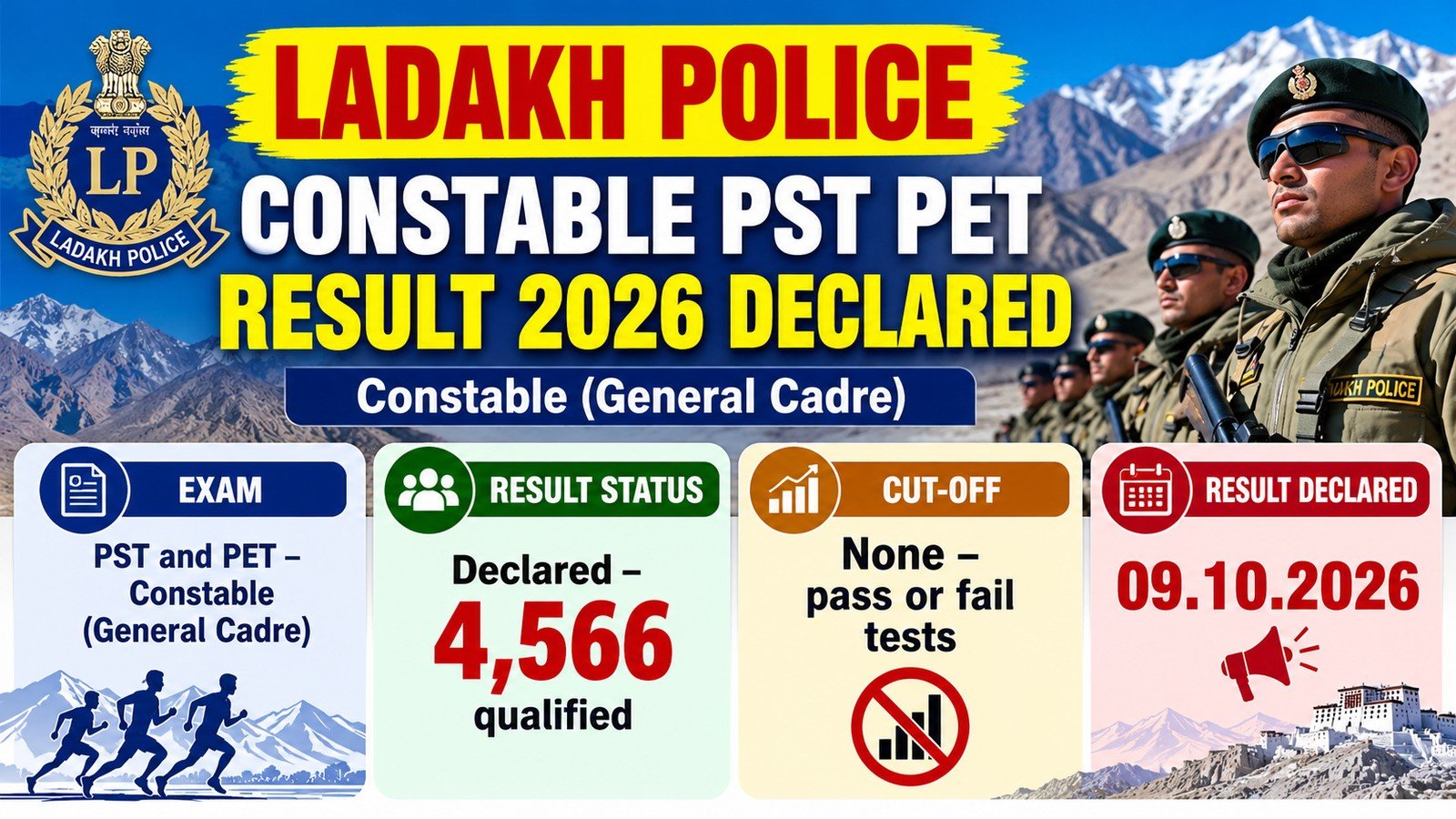 Ladakh Police Constable PST PET Result 2026 declared on 09.10.2026 with 4,566 candidates qualified