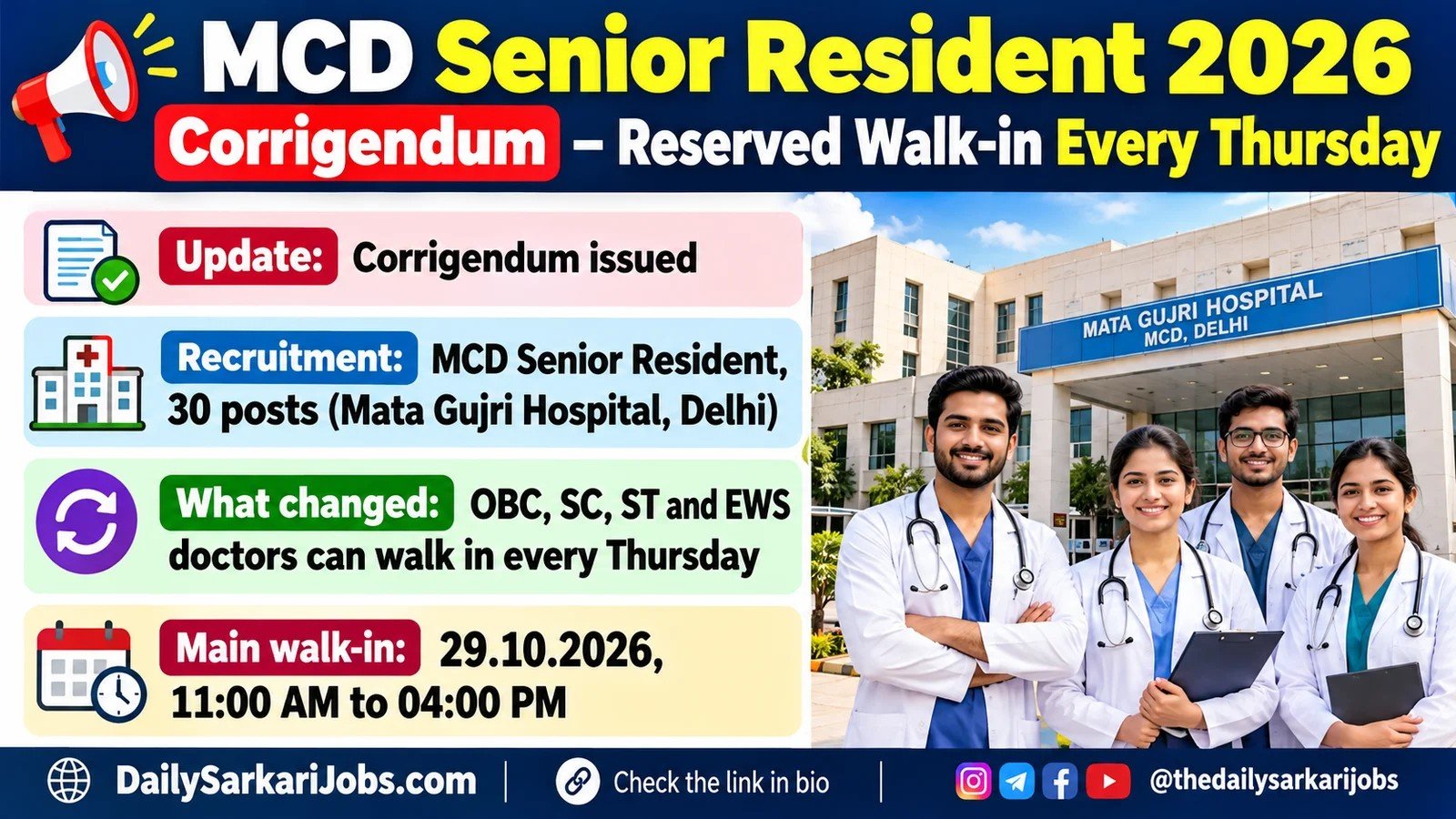 MCD Senior Resident 2026 corrigendum banner: OBC, SC, ST and EWS doctors can walk in every Thursday at Mata Gujri Hospital, Delhi