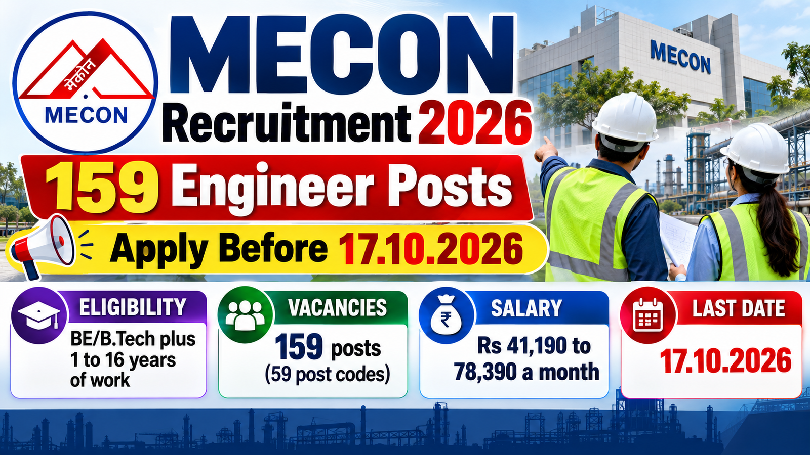 MECON Recruitment 2026 banner: 159 engineer posts, apply before 17.10.2026