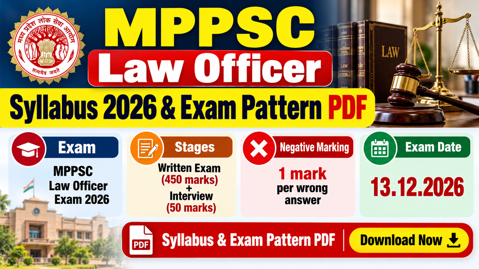 MPPSC Law Officer syllabus 2026 and exam pattern: 450-mark written exam, 50-mark interview, 1 mark cut for each wrong answer, exam on 13.12.2026