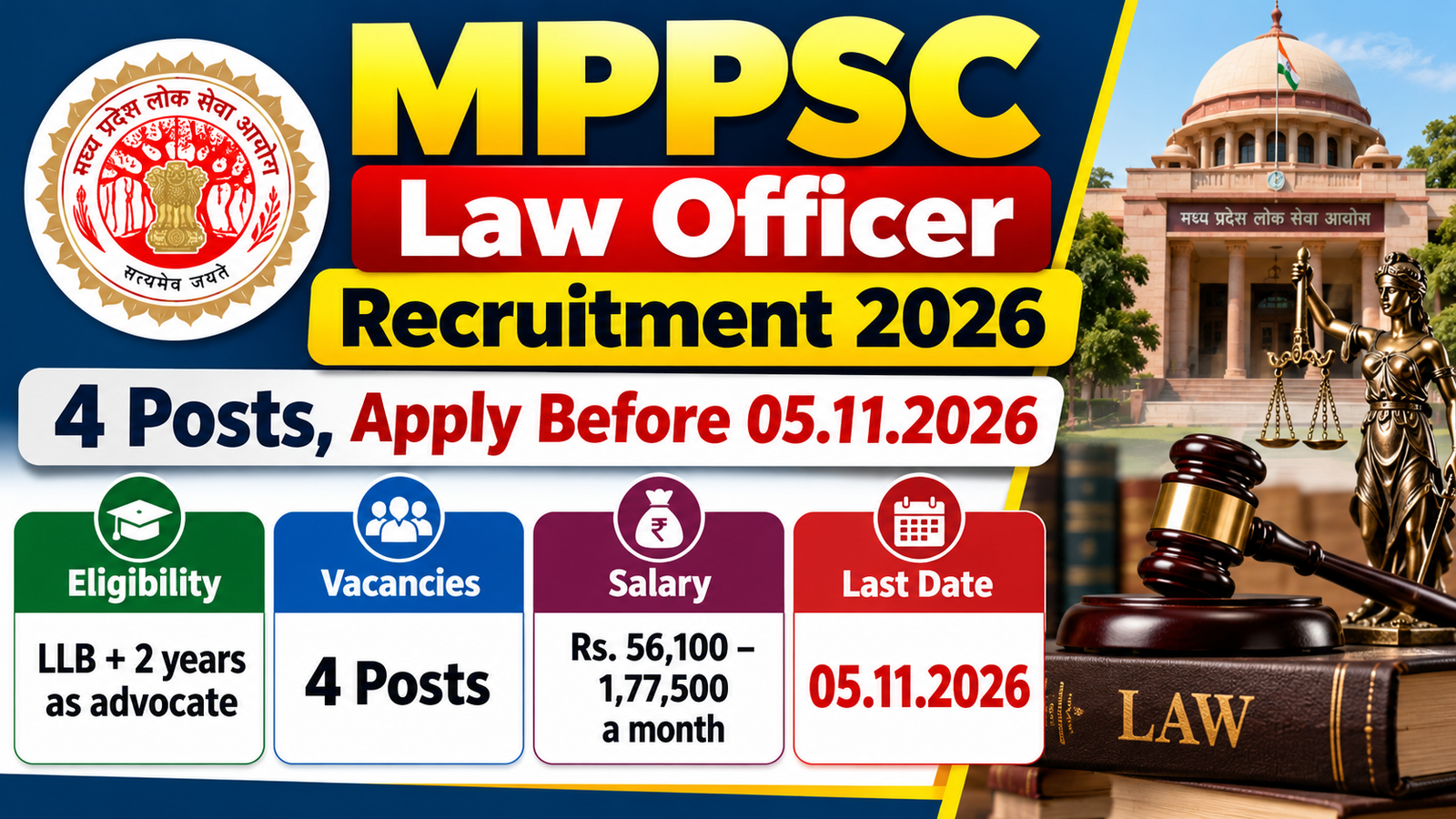MPPSC Law Officer Recruitment 2026 banner – 4 posts, Jail Department, Madhya Pradesh