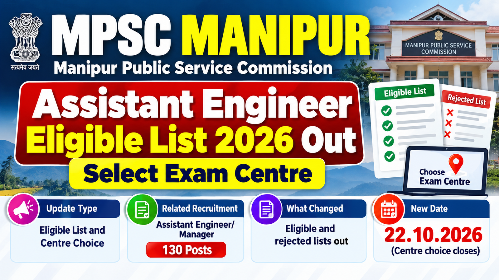 MPSC Manipur Assistant Engineer Eligible List 2026 Out – select exam centre by 22.10.2026