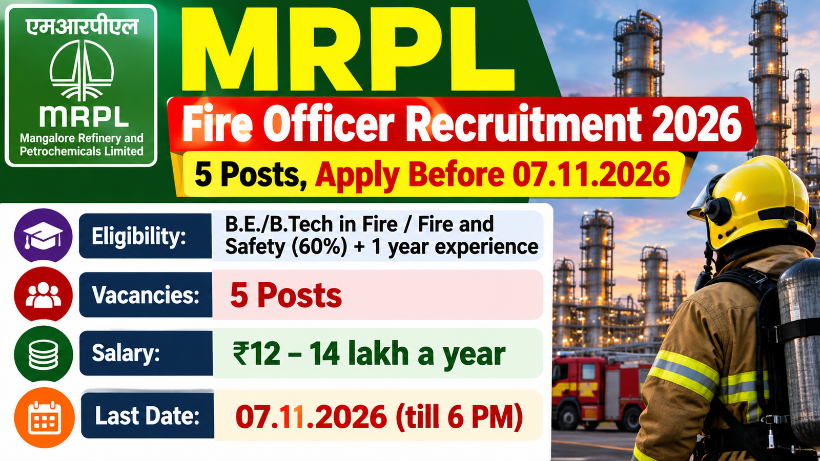 MRPL Fire Officer Recruitment 2026 banner showing 5 posts, eligibility, salary and last date 07.11.2026