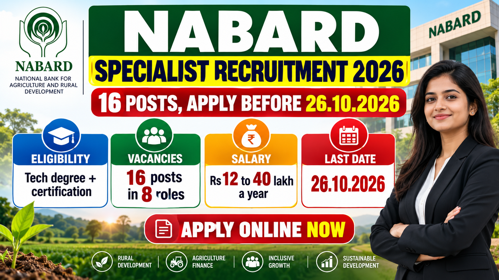 NABARD Specialist Recruitment 2026 banner – 16 posts, last date 26.10.2026